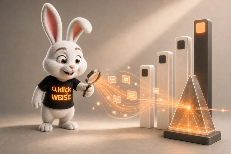 Klickweise-Maskottchen visualisiert LLM-Sichtbarkeits-Index in einer eigenständigen Mess- und Analyseszene.